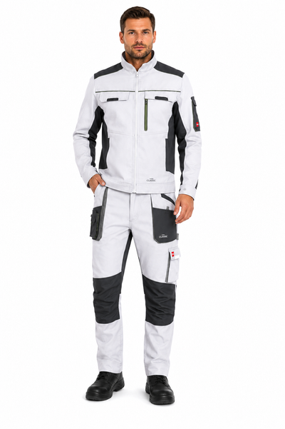 Bílý pracovní strečový komplet kalhoty + bunda Classic Stretch za zvýhodněnou cenu